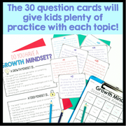 Educational materials with question cards and a clipboard on a white background