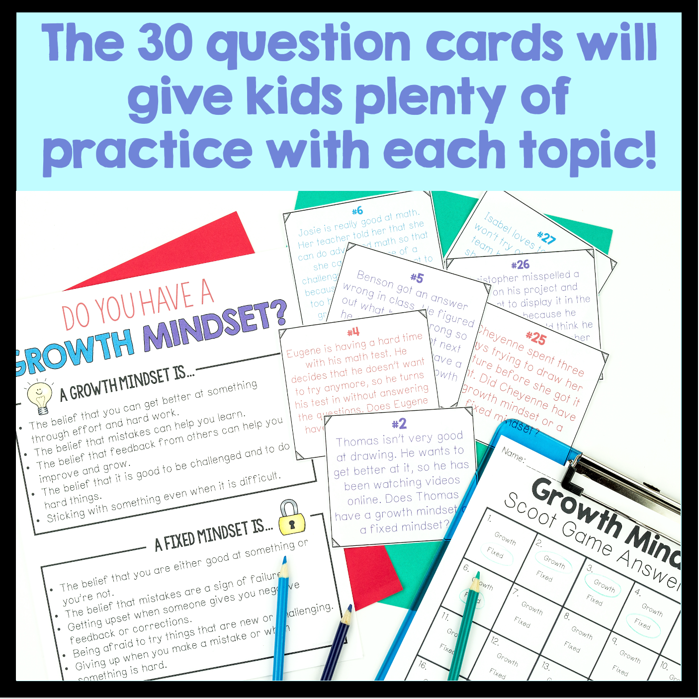 Educational materials with question cards and a clipboard on a white background