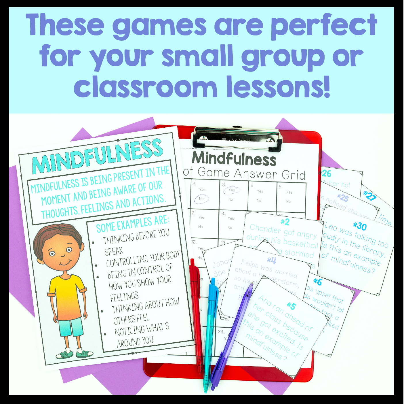 Mindfulness educational materials with a child illustration and text on a colorful background