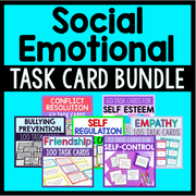 Social Emotional Task Card Bundle with various topic cards on a blue background