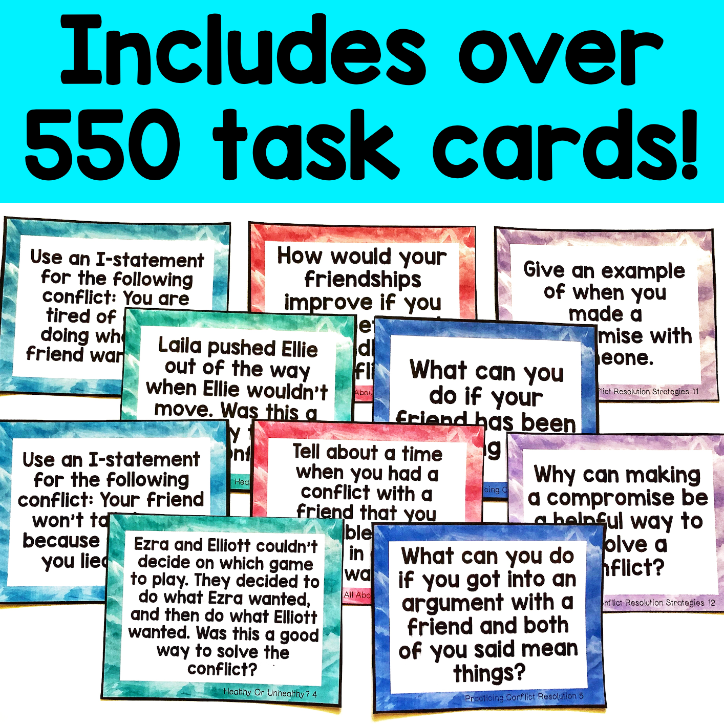 Collection of task cards with questions on a colorful background