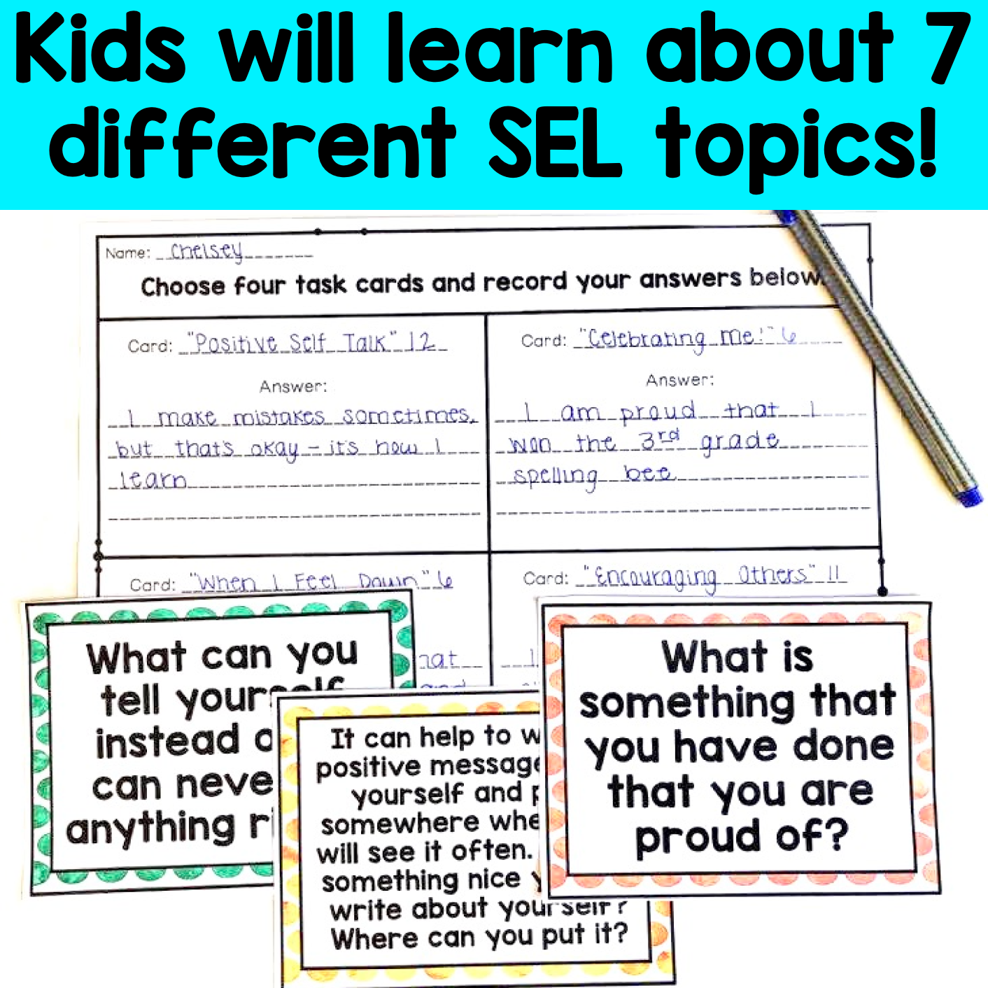 Educational materials with SEL topics for children on a white background