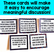 Educational cards with scenarios for discussion on a colorful background