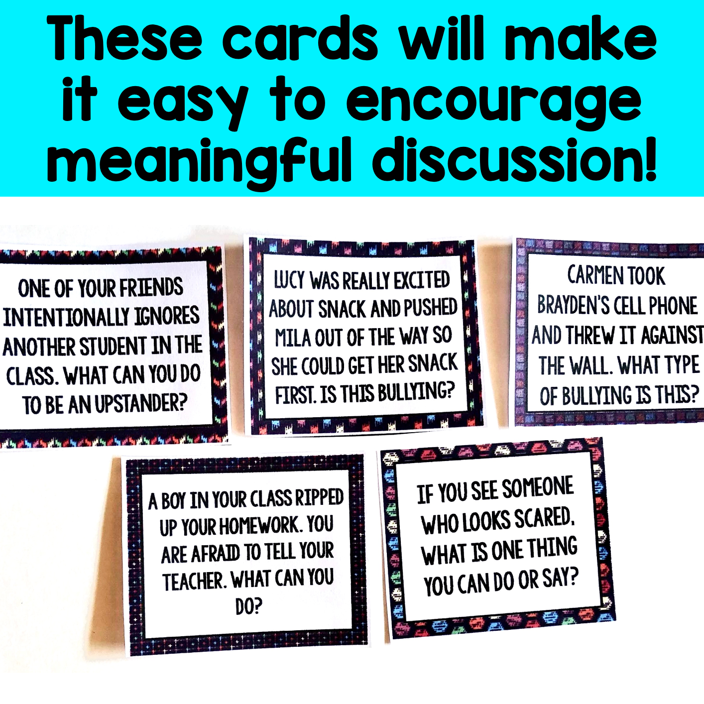 Educational cards with scenarios for discussion on a colorful background
