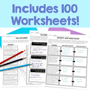 Educational worksheets with text 'Includes 100 Worksheets!' on a blue background