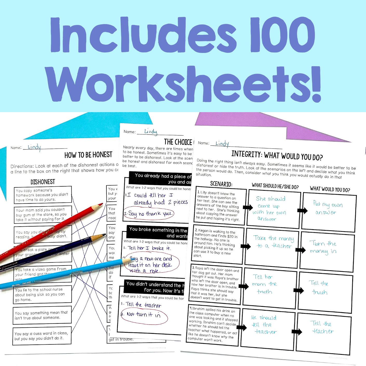Educational worksheets with text 'Includes 100 Worksheets!' on a blue background