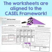 Educational worksheet on self-control with CASEL Framework text overlay