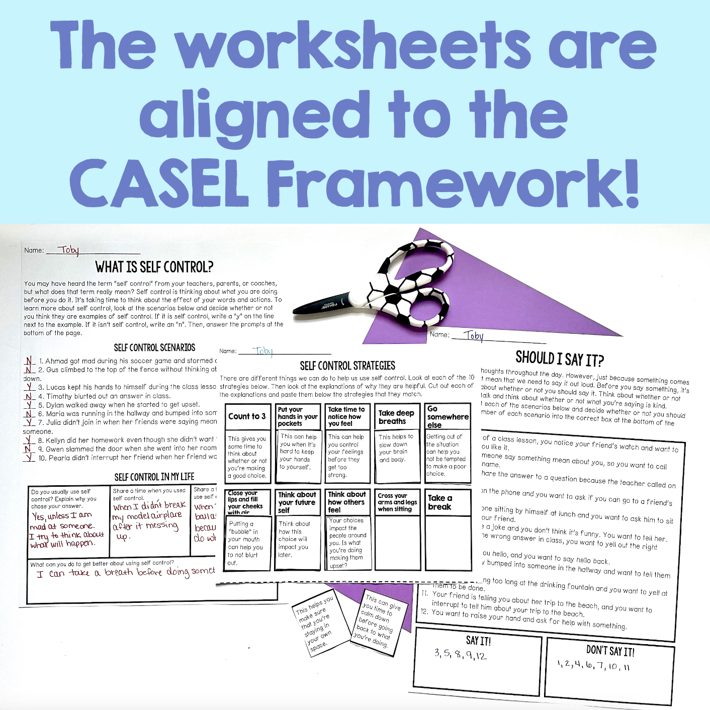Educational worksheet on self-control with CASEL Framework text overlay