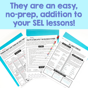 Educational worksheets on a light blue background with text about SEL lessons.