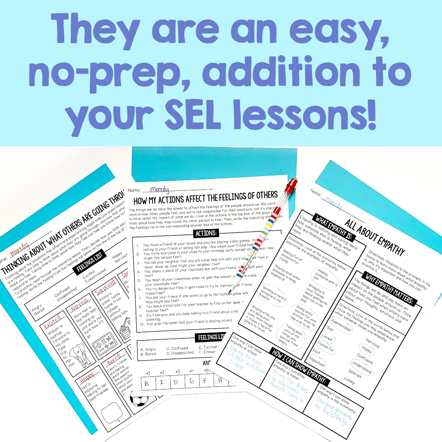 Educational worksheets on a light blue background with text about SEL lessons.