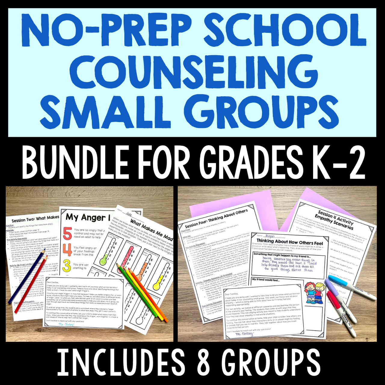 No-Prep School Counseling Small Groups Bundle for Grades K-2 with worksheets and colored pencils on a wooden surface.