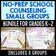 No-Prep School Counseling Small Groups Bundle for Grades K-2 with worksheets and colored pencils on a wooden surface.