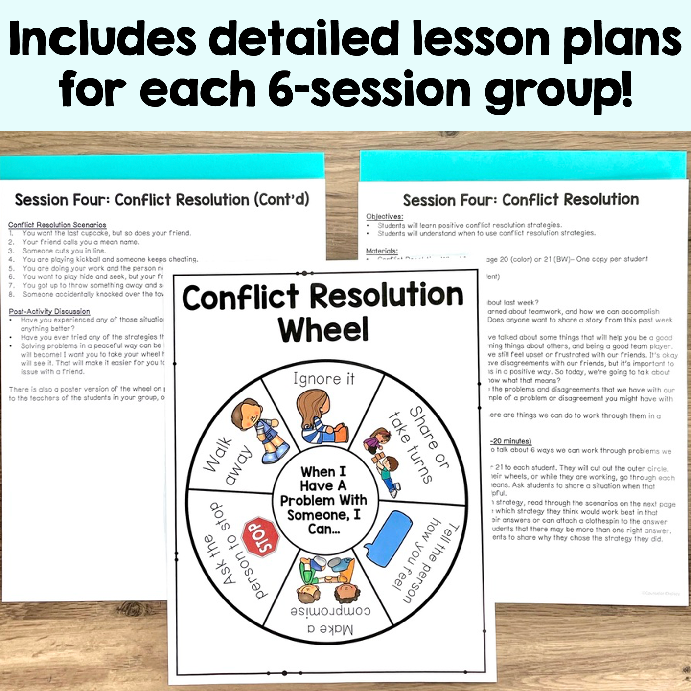 Conflict Resolution Wheel with detailed lesson plans on a wooden surface