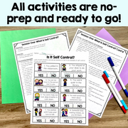 Educational worksheets on a wooden surface with markers, text indicating no-prep activities.