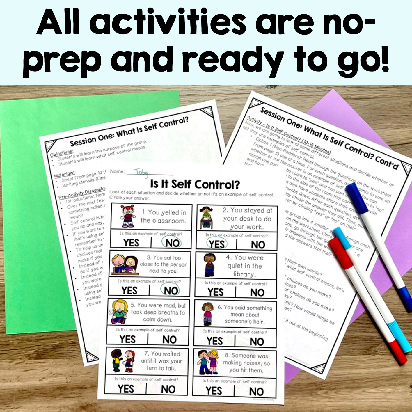 Educational worksheets on a wooden surface with markers, text indicating no-prep activities.