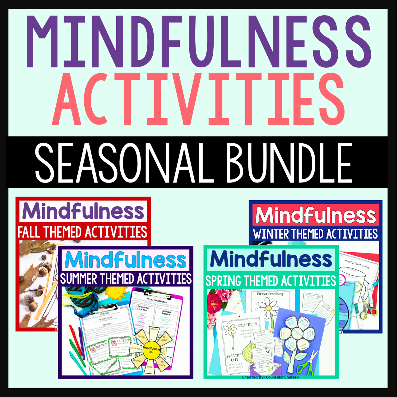 Mindfulness activities seasonal bundle with various themed activities on a light blue background