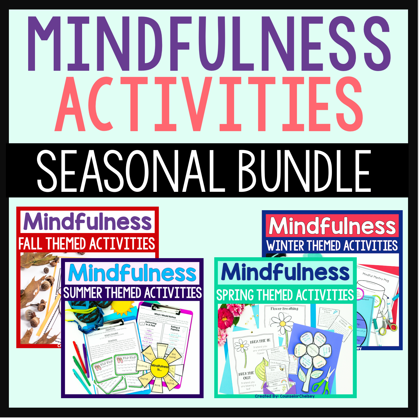 Mindfulness activities seasonal bundle with various themed activities on a light blue background
