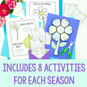 Educational materials with flower graphics and text on a blue background