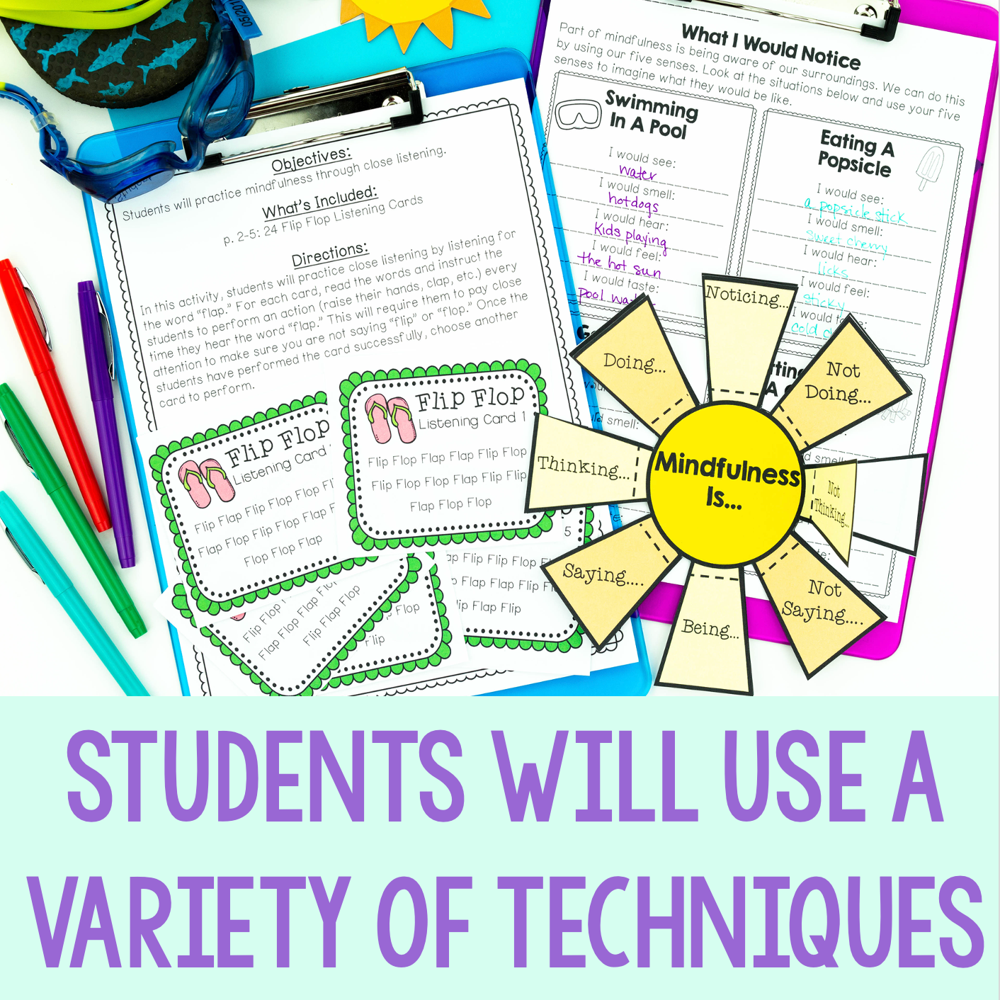 Educational materials with mindfulness activities and colorful pens on a white background