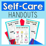 Promotional graphic for self-care handouts with colorful papers and stationery on a blue background.