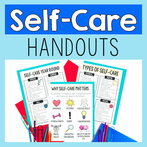 Promotional graphic for self-care handouts with colorful papers and stationery on a blue background.
