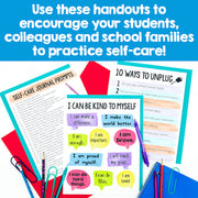 Educational handouts on self-care with colorful text and graphics on a blue background