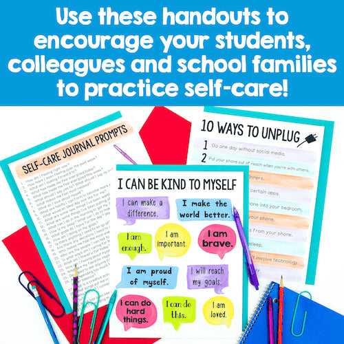 Educational handouts on self-care with colorful text and graphics on a blue background