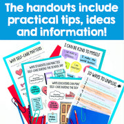 Educational handouts with self-care tips and activities on a blue background