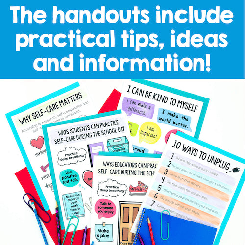 Educational handouts with self-care tips and activities on a blue background