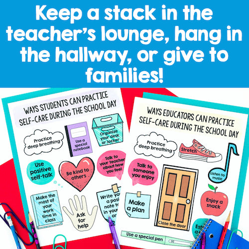Educational posters on self-care for students and educators with text overlay.