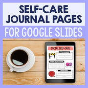 Tablet displaying self-care journal pages for Google Slides with a cup of coffee on a wooden surface.