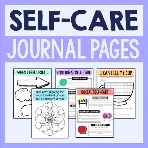 Collection of self-care journal pages on a light purple background with 'Self-Care Journal Pages' text.