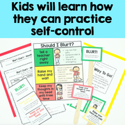 Educational materials for teaching self-control to children, including charts and signs.