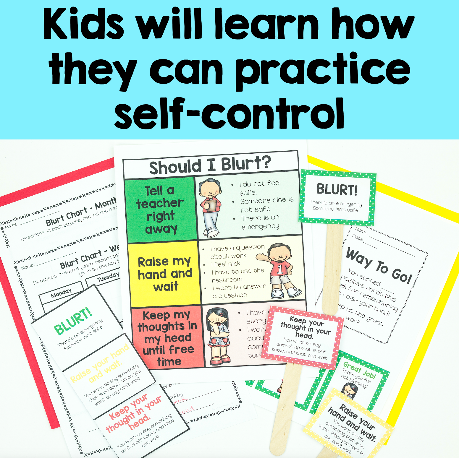 Educational materials for teaching self-control to children, including charts and signs.