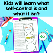 Educational materials on self-control with a clipboard, paper, and stationery on a blue background.