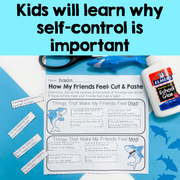 Educational worksheet with shark illustrations and Elmer's glue on a blue background