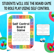 Self Control Board Game with dice and cards on a colorful background