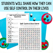 Self Control Dice Game with instructions and dice on a colorful background