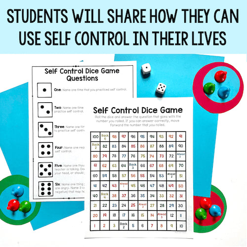 Self Control Dice Game with instructions and dice on a colorful background