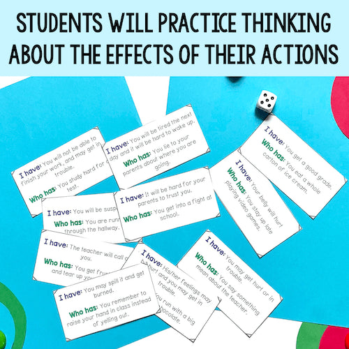 Educational game cards with text on a colorful background