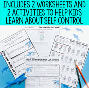 Educational worksheets and activities for self-control on a blue background with pencils.