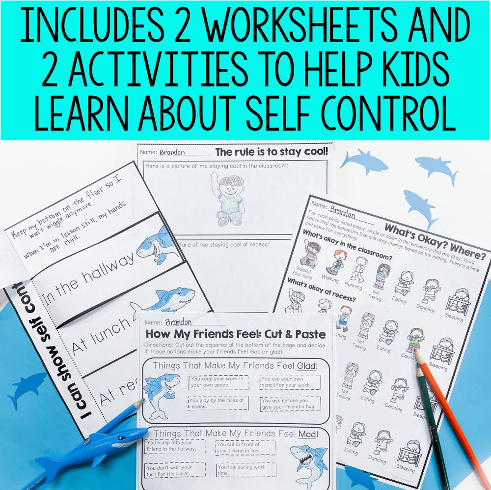 Educational worksheets and activities for self-control on a blue background with pencils.
