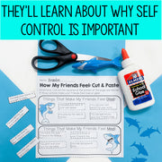 Educational activity sheet with scissors, glue, and shark cutouts on a blue background.