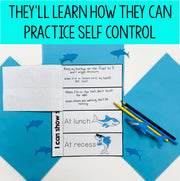 Educational materials with shark illustrations and text on a blue background