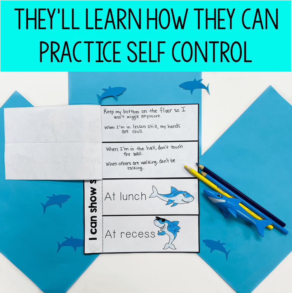 Educational materials with shark illustrations and text on a blue background