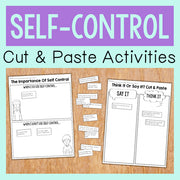 Cut and paste activities for self-control on a wooden surface with a purple and teal background.