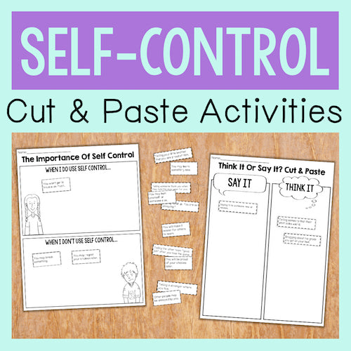 Cut and paste activities for self-control on a wooden surface with a purple and teal background.