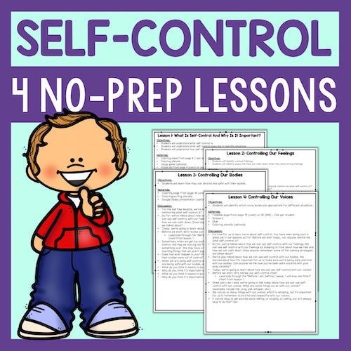 Cover of a book or resource titled 'Self-Control: 4 No-Prep Lessons' with a cartoon character and lesson outlines.