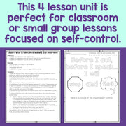 Two educational pages on self-control with text and graphics on a purple background