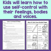 Educational materials for teaching self-control to children, including text and illustrations.